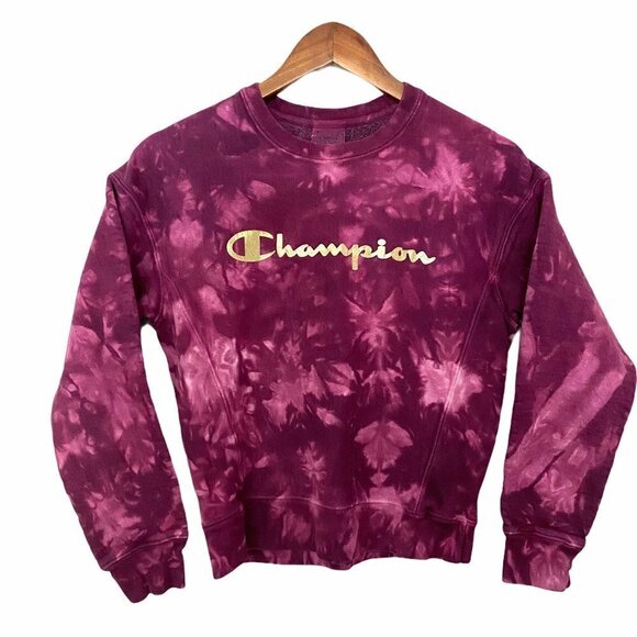 Champion Women's Reverse Weave Maroon Tie Dye Spellout Sweatshirt Size XS - Picture 1 of 8